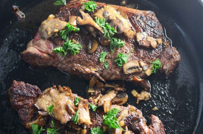 Cast Iron New York Strip with Mushrooms