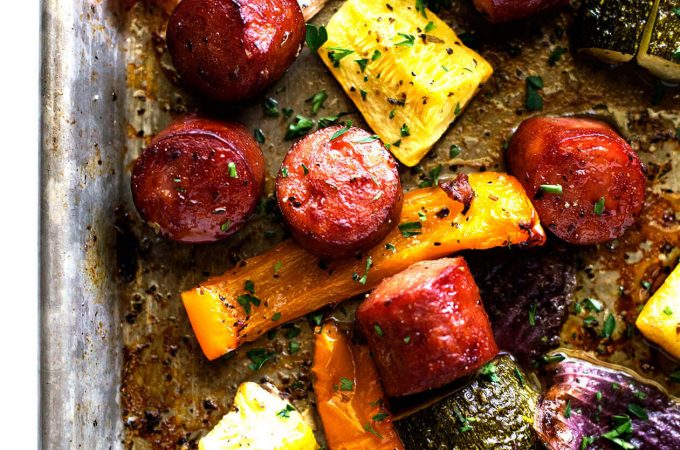 One Pan Smoked Sausage with Potatoes and Veggies- One pan + smoked sausage + potatoes + veggies = delicious and easy weeknight meal. Yeeees! | sodamndelish.com
