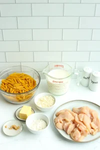 INGREDIENTS USED TO MAKE EASY CHICKEN ALFREDO WITH PENNE PASTA AND ALFREDO SAUCE